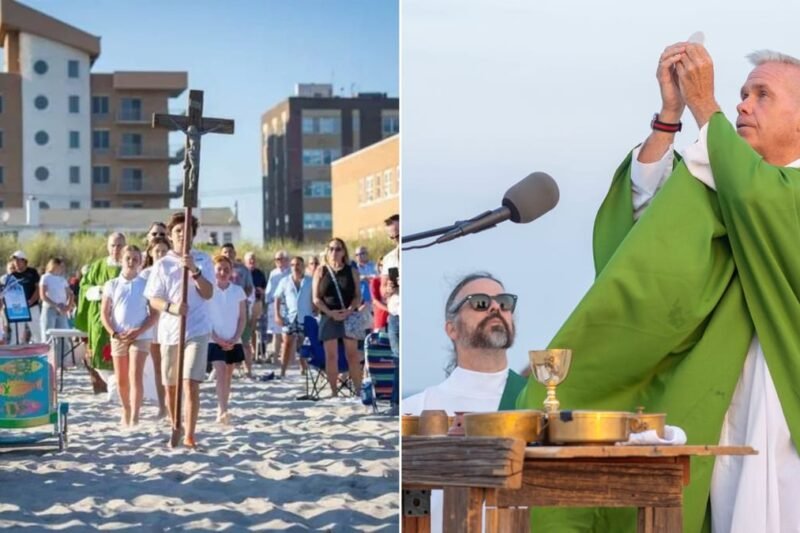 Centenas atendem com reverência e fé na missa de verão na praia dos Estados Unidos