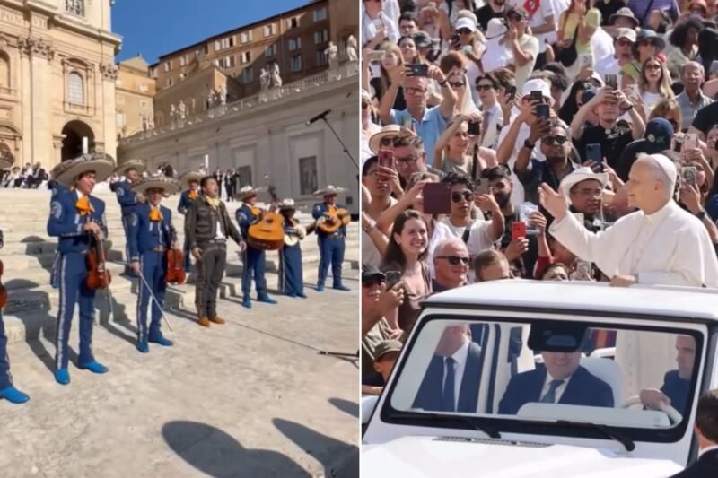O papa canta “Cielito Lindo” para o ritmo de Mariachis em San Pedro